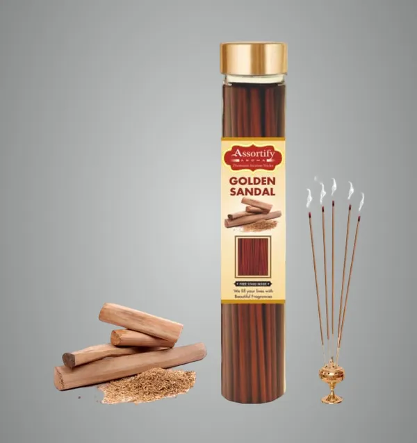 Golden_Sandal_Incense_Sticks_Boxnatural_Ingredients100Gm_Jar_Packaging_Less_Smoke