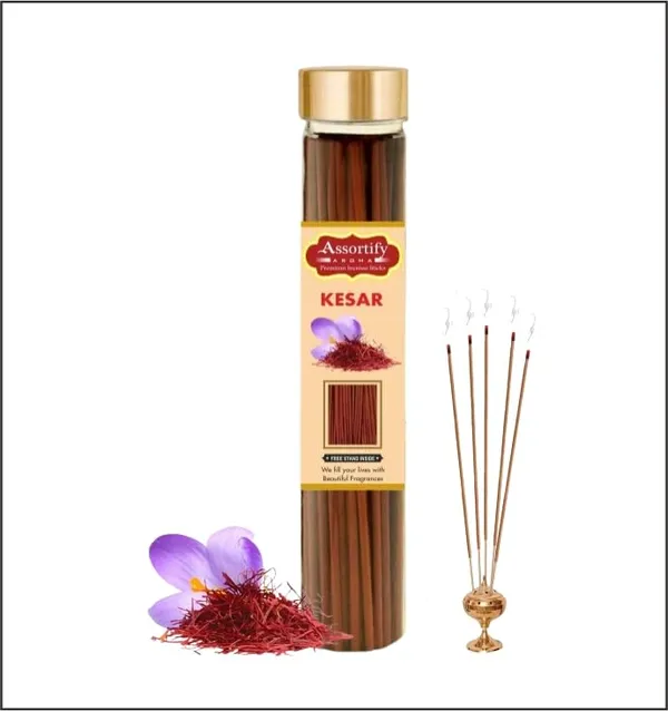 Kesar_Incense_Sticks_Boxnatural_Ingredients100Gm_Jar_Packaging_Less_Smoke