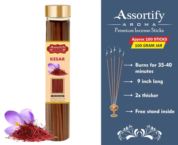 Kesar_Incense_Sticks_Boxnatural_Ingredients100Gm_Jar_Packaging_Less_Smoke