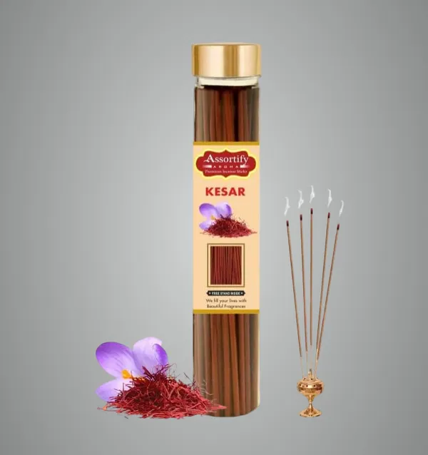 Kesar_Incense_Sticks_Boxnatural_Ingredients100Gm_Jar_Packaging_Less_Smoke