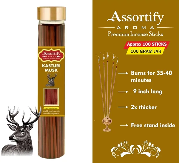 Kasturi_Musk_Incense_Sticks_Boxnatural_Ingredients100Gm_Jar_Packaging_Less_Smoke