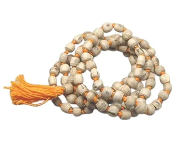 Handmade_108+1(Big_Beads)_Holy_Tulsi_Mala_Original_For_|Wearing||Japa||Meditation||Chanting||Mantra||Puja|.Unisex_Wooden_Basil_Rosary,Orange_Thread,(Length:10-12"Inch_Bead_Size:_8Mm);Ach213