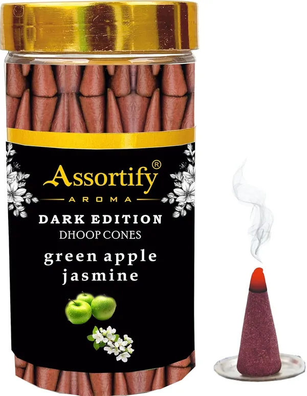 Green_Apple_Jasmin_Dhoop_Cones_Jarnatural_Ingredients100Gm_Jar_Packaging_Less_Smoke