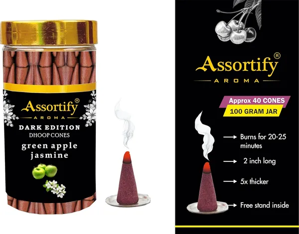 Green_Apple_Jasmin_Dhoop_Cones_Jarnatural_Ingredients100Gm_Jar_Packaging_Less_Smoke