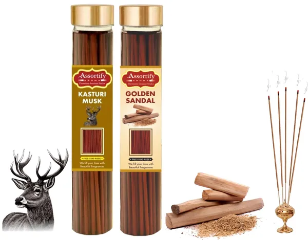 Kasturi_Musk_+_Golden_Sandal_Incense_Stick_Jar_Pack_Of_Two_2X100Gm_Jar_Packagingless_Smoke