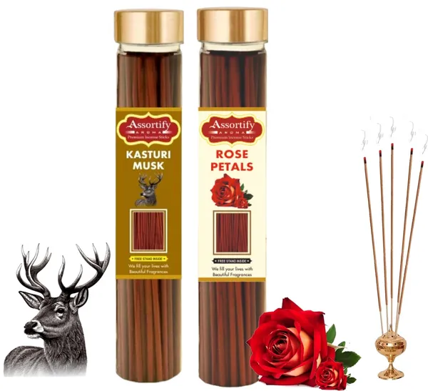 Kasturi_Musk_+_Rose_Petals_Incense_Stick_Jar_Pack_Of_Two_2X100Gm_Jar_Packagingless_Smoke