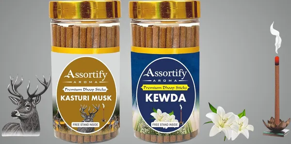 Combo_Of_Kasturi_Musk_+Kevda_Dhoop_Sticks_Boxbambolesspack_Of_Two_2X100Gm_Jar_Packagingless_Smoke
