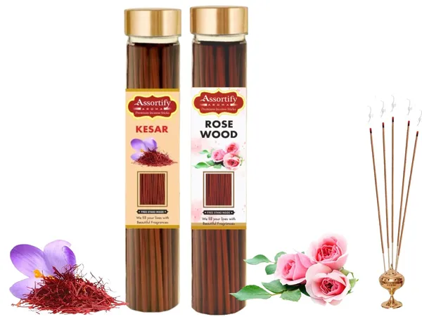 Kesar+Rose_Wood_Incense_Stick_Jar_Pack_Of_Two_2X100Gm_Jar_Packagingless_Smoke