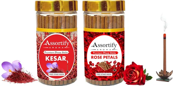Kesar_+_Rose_Petals_Dhoop_Sticks_Boxbambolesspack_Of_Two_2X100Gm_Jar_Packagingless_Smoke