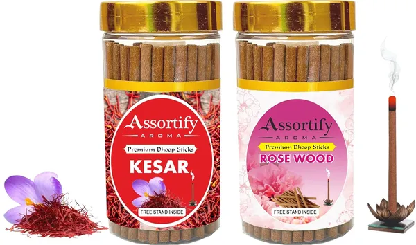 Kesar+Rose_Wood_Dhoop_Sticks_Boxbambolesspack_Of_Two_2X100Gm_Jar_Packagingless_Smoke