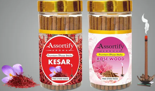 Kesar+Rose_Wood_Dhoop_Sticks_Boxbambolesspack_Of_Two_2X100Gm_Jar_Packagingless_Smoke