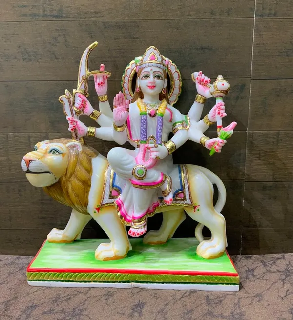 A.R._Marbles_White_Marble_12"_Maa_Durga_Statue_Idol_Lion_Kali_Figurine_Deity_Handmade_Parvati_Sculpture_India_Hindu_Goddess_Deity_Temple_Multicolor_Gift_|_White-_12_Inches_Height