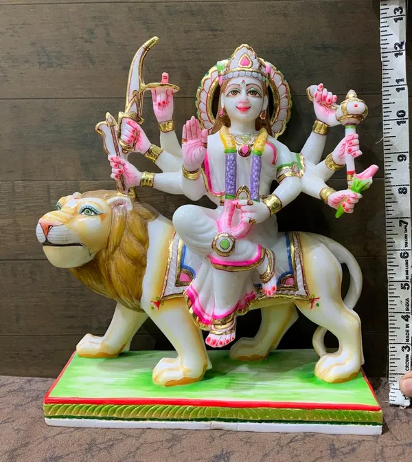 A.R._Marbles_White_Marble_12"_Maa_Durga_Statue_Idol_Lion_Kali_Figurine_Deity_Handmade_Parvati_Sculpture_India_Hindu_Goddess_Deity_Temple_Multicolor_Gift_|_White-_12_Inches_Height