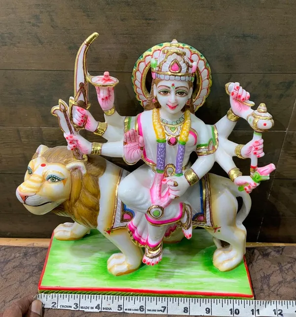 A.R._Marbles_White_Marble_12"_Maa_Durga_Statue_Idol_Lion_Kali_Figurine_Deity_Handmade_Parvati_Sculpture_India_Hindu_Goddess_Deity_Temple_Multicolor_Gift_|_White-_12_Inches_Height