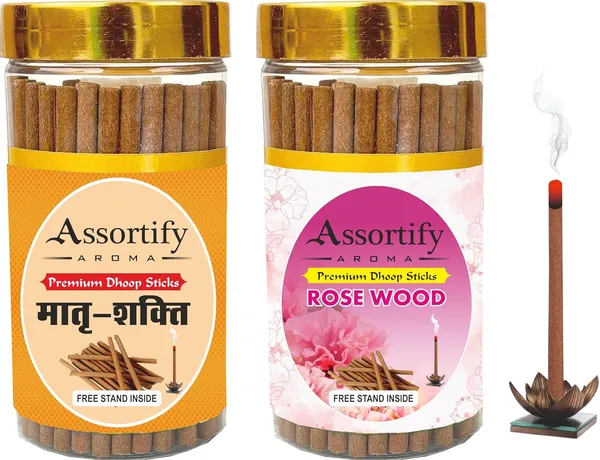 Combo_Of_Matra_Shakti_+Rose_Wood_Dhoop_Sticks_Boxbambolesspack_Of_Two_2X100Gm_Jar_Packagingless_Smoke