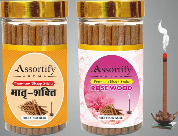 Combo_Of_Matra_Shakti_+Rose_Wood_Dhoop_Sticks_Boxbambolesspack_Of_Two_2X100Gm_Jar_Packagingless_Smoke