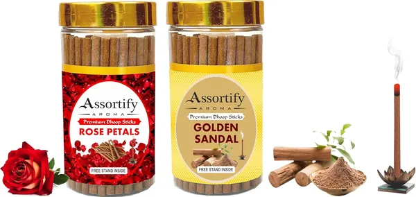 Rose_Petals_+_Golden_Sandal_Dhoop_Sticks_Boxbambolesspack_Of_Two_2X100Gm_Jar_Packagingless_Smoke