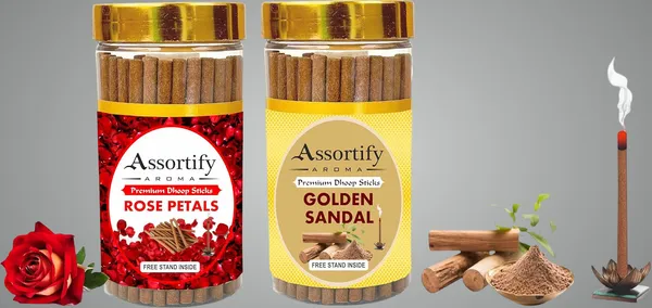 Rose_Petals_+_Golden_Sandal_Dhoop_Sticks_Boxbambolesspack_Of_Two_2X100Gm_Jar_Packagingless_Smoke