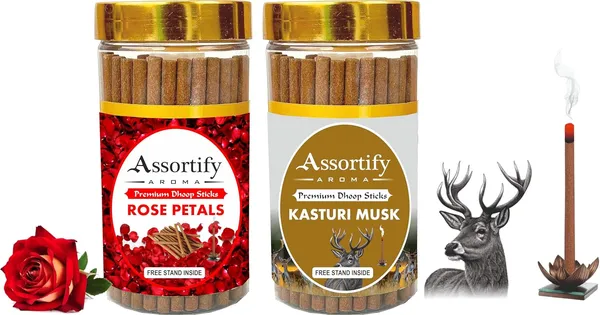 Combo_Of_Rose_Petals_+Kasturi_Musk_Dhoop_Sticks_Boxbambolesspack_Of_Two_2X100Gm_Jar_Packagingless_Smoke