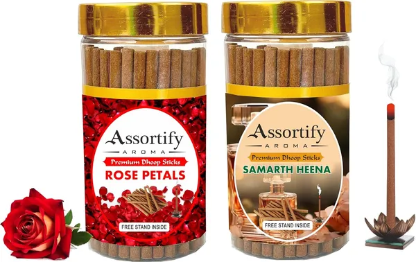 Combo_Of_Rose_Petals_+Samarth_Heena_Dhoop_Sticks_Boxbambolesspack_Of_Two_2X100Gm_Jar_Packagingless_Smoke