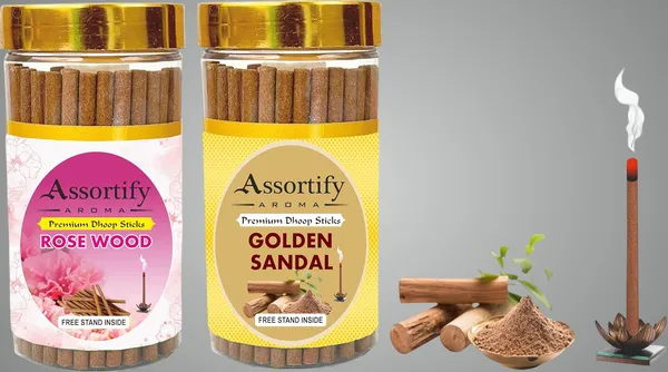 Rose_Wood_+_Golden_Sandal_Dhoop_Sticks_Boxbambolesspack_Of_Two_2X100Gm_Jar_Packagingless_Smoke