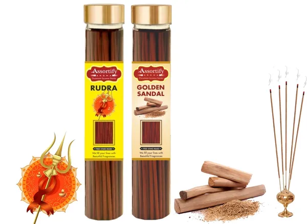 Rudra_+_Golden_Sandal_Incense_Stick_Jar_Pack_Of_Two_2X100Gm_Jar_Packagingless_Smoke