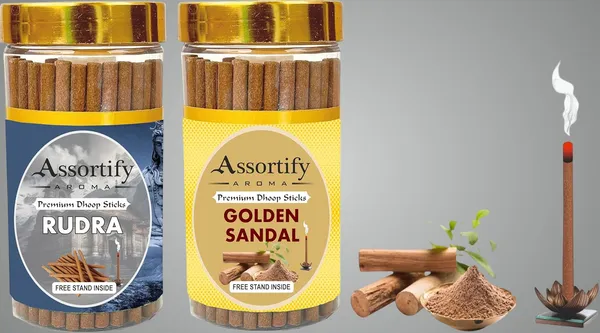 Rudra_+_Golden_Sandal_Dhoop_Sticks_Boxbambolesspack_Of_Two_2X100Gm_Jar_Packagingless_Smoke