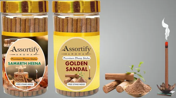 Samarth_Heena_+_Golden_Sandal_Dhoop_Sticks_Boxbambolesspack_Of_Two_2X100Gm_Jar_Packagingless_Smoke