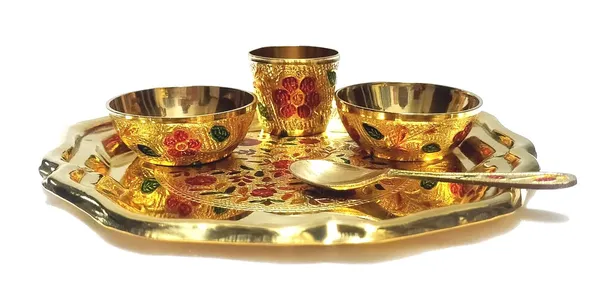 Pure_Brass_Laddu_Gopal_Pooja_Bhog_Set_Of_5_Pcs_Thali_Set_(1_Dessert_Plate/Thali_+_2_Bowl_+_1_Glass_+_1_Spoon)