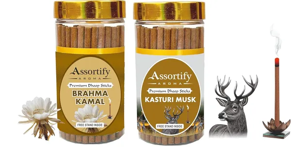 Combo_Of_Brahma_Kamal_+_Kasturi_Musk_Dhoop_Sticks_Boxbambolesspack_Of_Two_2X100Gm_Jar_Packagingless_Smoke