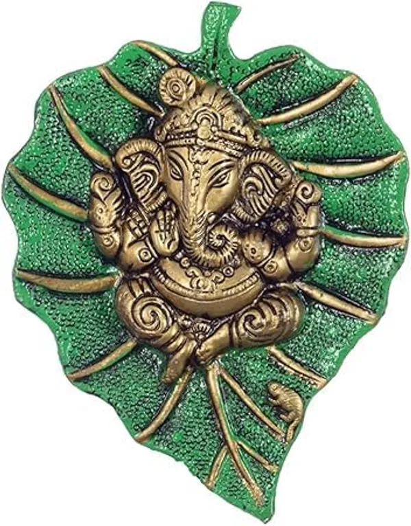 Metal_Golden_Lord_Ganesha_On_Green_Leaf_Wall_Hanging_Sculpture_Decorative_Religious_Showpiece_For_Home_Wall_Decor,Temple_&_House_Warming,_Pooja_Room_Gift_Purpose_For_All_Festival