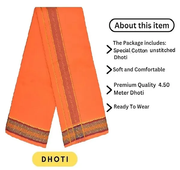 Premium_Cotton_Dhoti,_4.5_Metre,_Orange_With_Traditional_Border_Ideal_For_Puja_&_Weddings