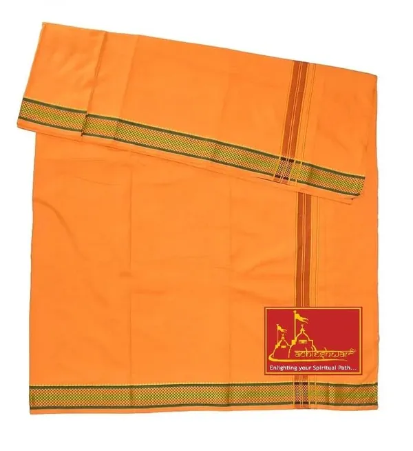 Premium_Cotton_Dhoti,_4.5_Metre,_Orange_With_Traditional_Border_Ideal_For_Puja_&_Weddings