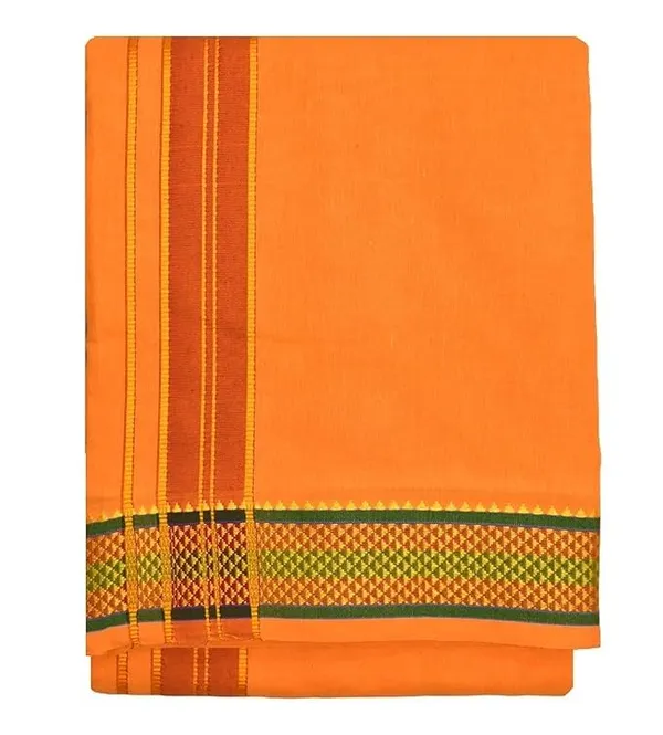 Premium_Cotton_Dhoti,_4.5_Metre,_Orange_With_Traditional_Border_Ideal_For_Puja_&_Weddings