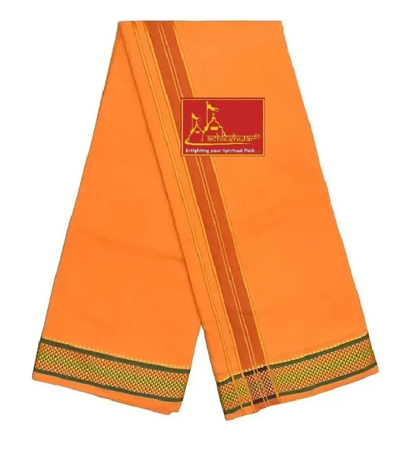 Premium_Cotton_Dhoti,_4.5_Metre,_Orange_With_Traditional_Border_Ideal_For_Puja_&_Weddings