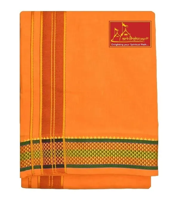 Premium_Cotton_Dhoti,_4.5_Metre,_Orange_With_Traditional_Border_Ideal_For_Puja_&_Weddings