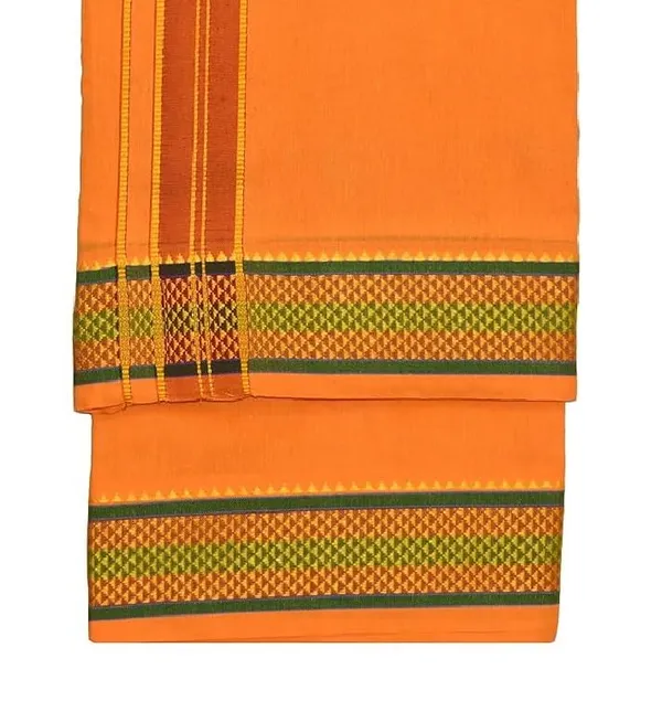 Premium_Cotton_Dhoti,_4.5_Metre,_Orange_With_Traditional_Border_Ideal_For_Puja_&_Weddings