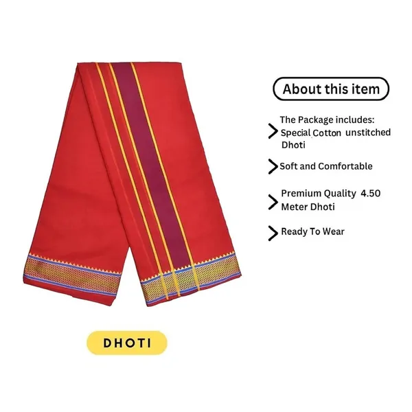 Premium_Cotton_Dhoti,_4.5_Metre,_Red_With_Traditional_Border_Ideal_For_Puja_And_Weddings