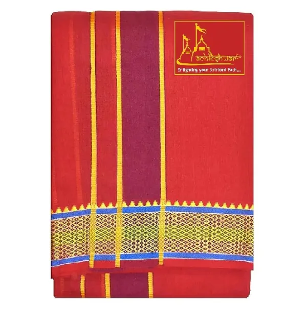 Premium_Cotton_Dhoti,_4.5_Metre,_Red_With_Traditional_Border_Ideal_For_Puja_And_Weddings