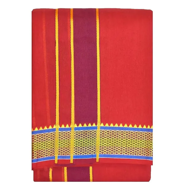 Premium_Cotton_Dhoti,_4.5_Metre,_Red_With_Traditional_Border_Ideal_For_Puja_And_Weddings