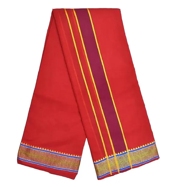Premium_Cotton_Dhoti,_4.5_Metre,_Red_With_Traditional_Border_Ideal_For_Puja_And_Weddings