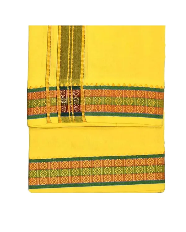 Premium_Cotton_Dhoti,_4.5_Metre,_Yellow_With_Traditional_Border_Ideal_For_Puja_&_Weddings