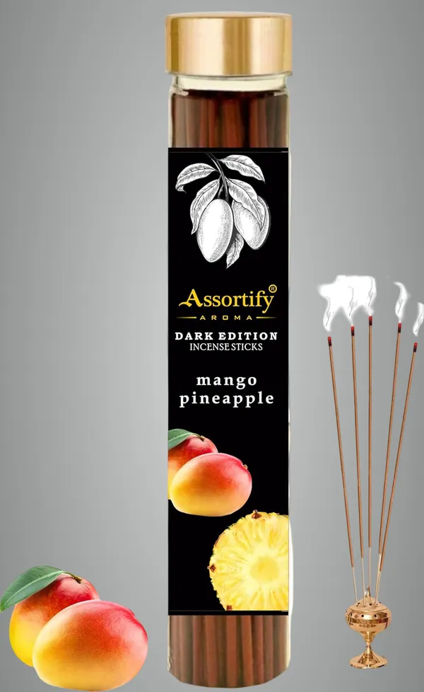 Mango_Pineapple_Incense_Sticks_Boxnatural_Ingredients100Gm_Jar_Packaging_Less_Smoke
