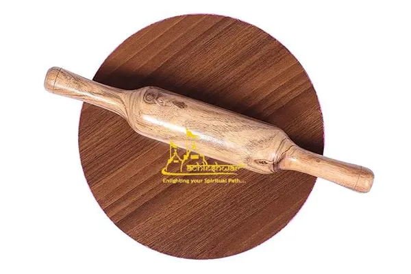 Wooden_Roti_Roller/Chakla/Chakla_For_Kitchen/Rolling_Board,_9_Inch(22_Cms,_Round)_With_Handicrafted_Wooden_Rolling_Pin_Roller_Thick,Wood,Roti_Belan