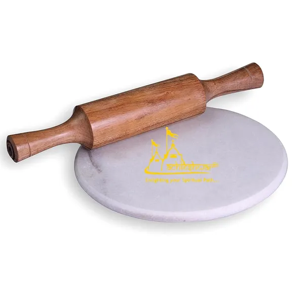 Marble_Round_Chakla/Roti_Maker_For_Cooking/Chopping_With_Anti_Skid_Bottom_(10_Inch,_White)_With_Handicrafted_Wooden_Rolling_Pin_Roller_Thick,Wood,Roti_Belan_Dark_Brown