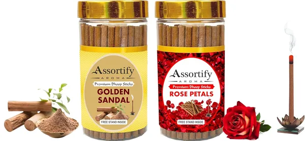 Combo_Of_Golden_Sandal_+_Rose_Patels_Dhoop_Sticks_Boxbambolesspack_Of_Two_2X100Gm_Jar_Packagingless_Smoke