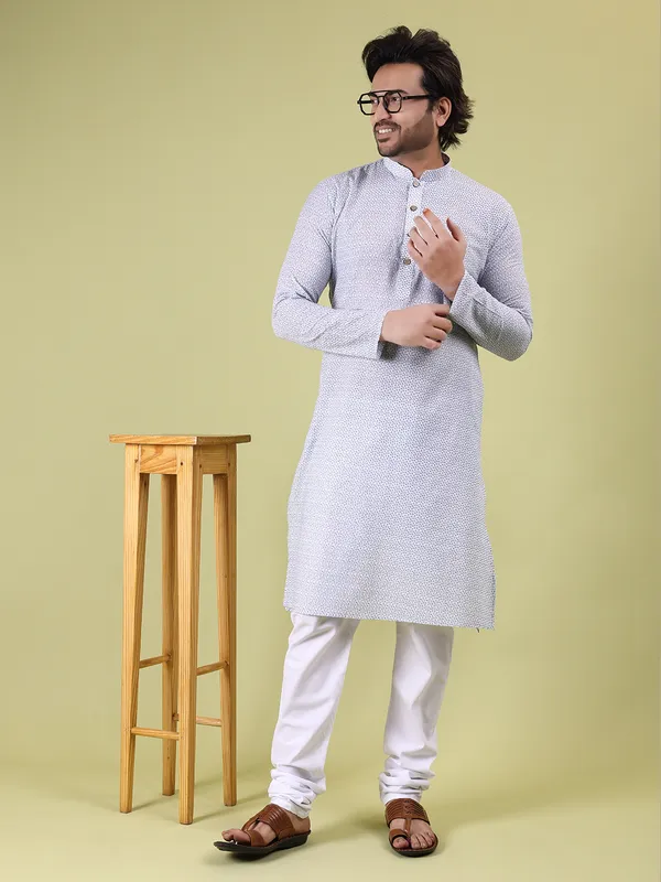 White_Cotton_with_Sky_Floral_Print_Kurta