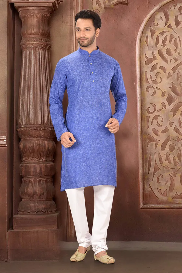 Blue_Cotton_Fabric_Plain_Kurta_Pajama_Set