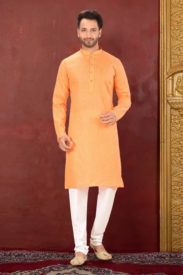 Orange_Cotton_Fabric_Plain_Kurta_Pajama_Set