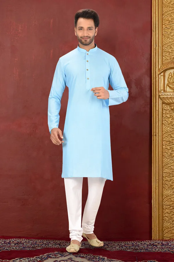 Sky_Blue_Maslin_Fabric_Plain_Kurta_Pajama_Set